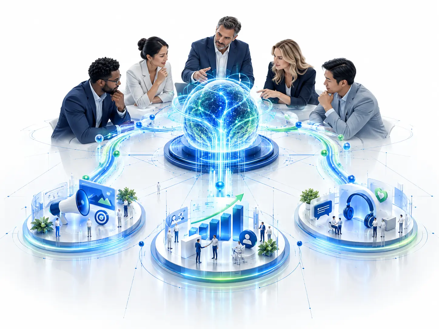 Human leadership working with an intelligent AI growth operations system