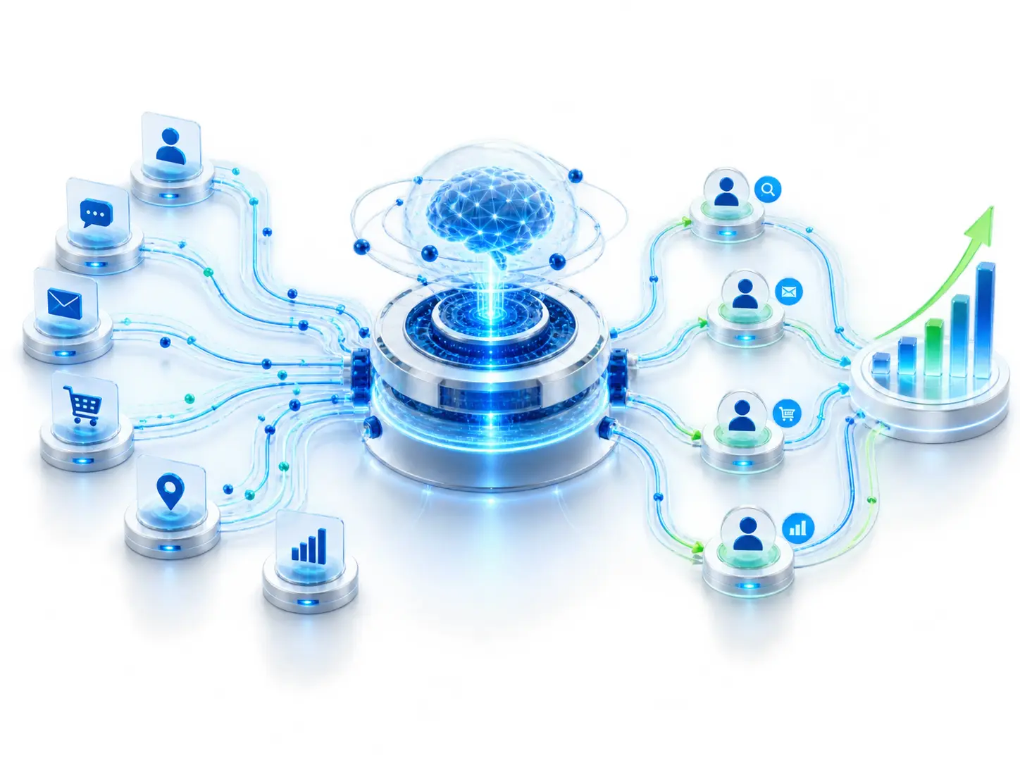 Customer data and lifecycle actions connected into a CRM revenue growth system